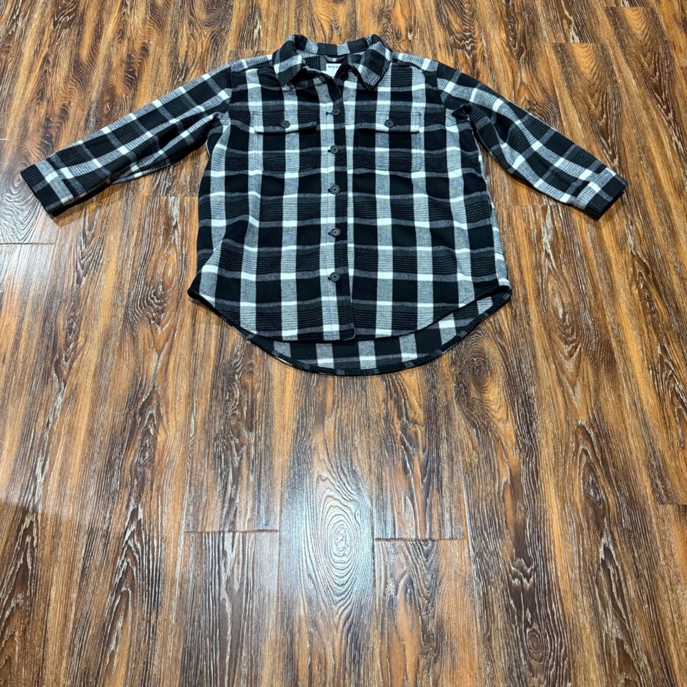 Old Navy XL Flannel Shirt Womens Black White Buffalo Plaid Button Down Shacket